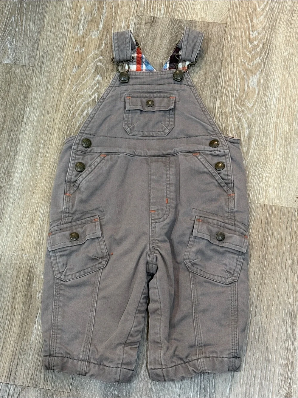 Vintage babyGap Baby Boy Fully Lined Plaid Overalls Beige Brown 6-12 Months